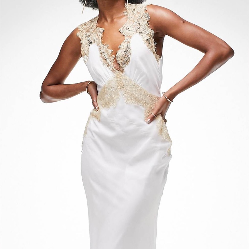 ASOS DESIGN slip midi dress with contrast lace and tie back detail in white sz12